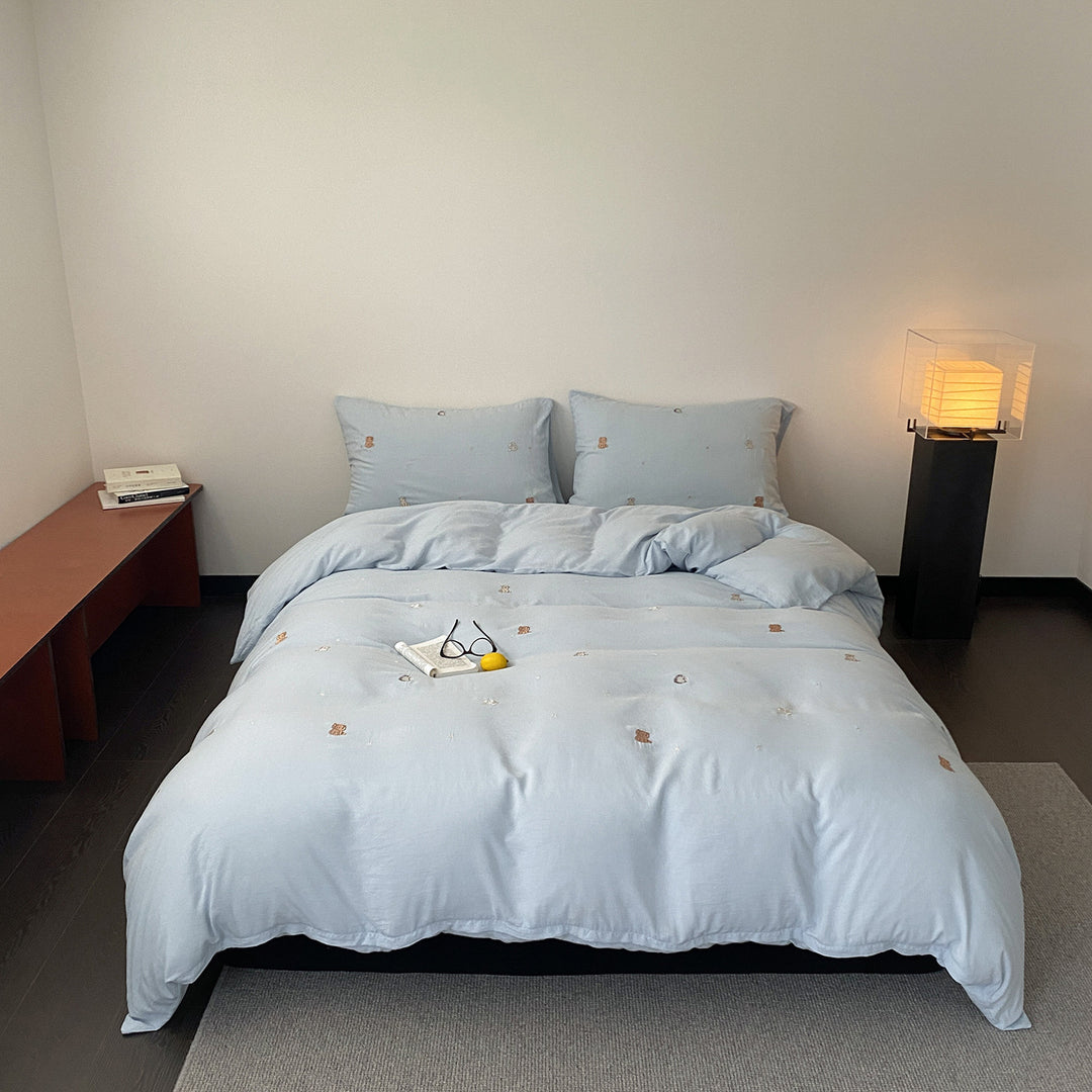 Bestickte Baumwollsatin Teddy Bettbezugset