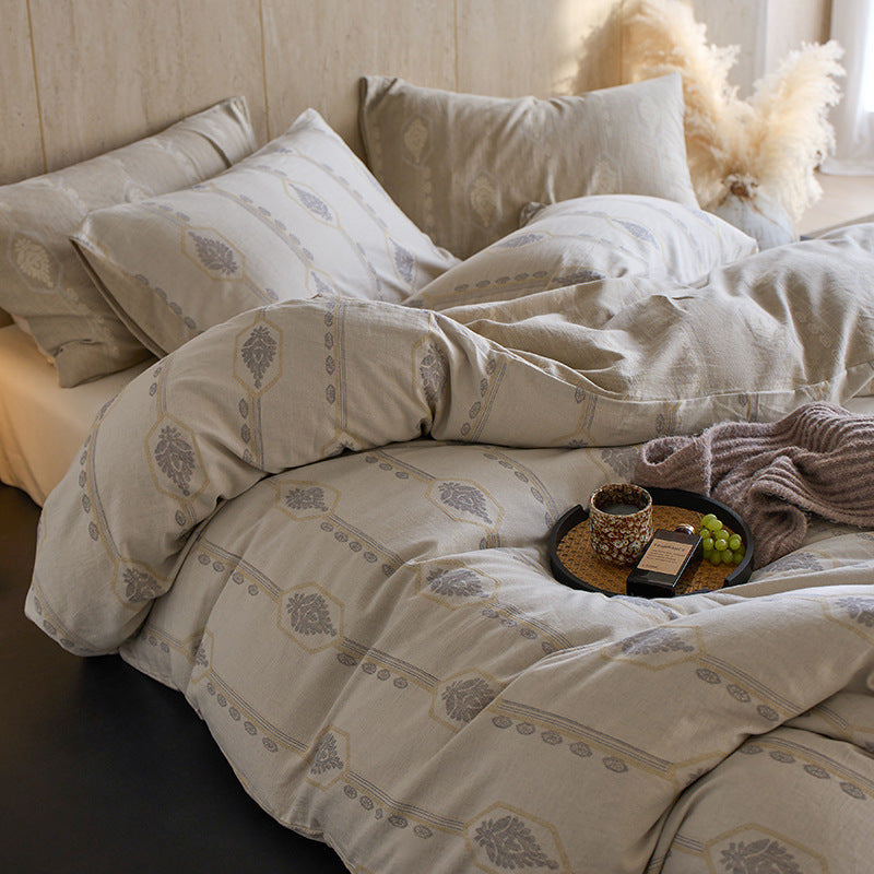Bedwäsche aus Baumwoll-Leinen-Mischung mit vertikalem Medaillon-Muster und tiefen Taschenkissenbezügen
