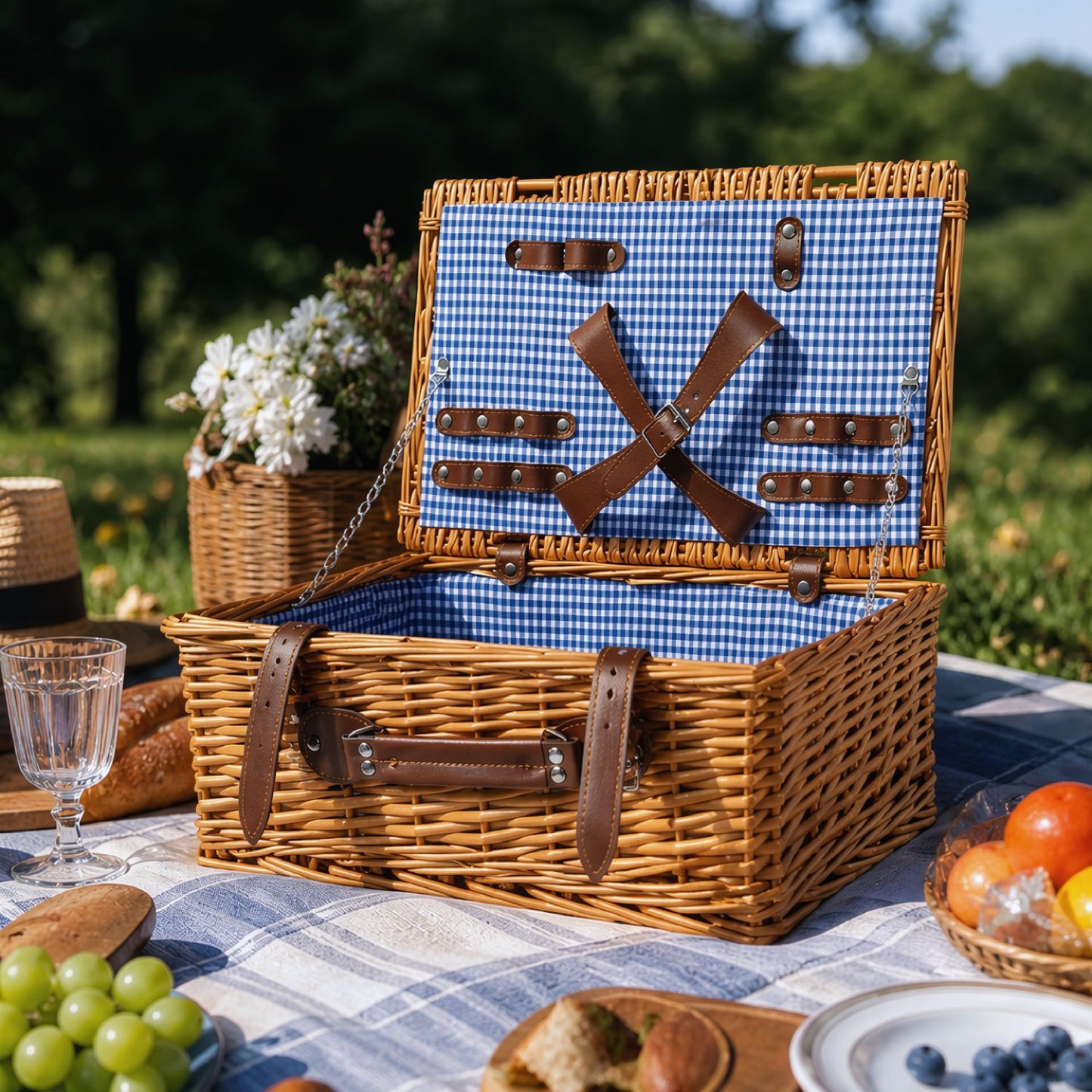 Damen Luxus Picknickkorb mit versetztem Geschirrfach und floralem Innenfutter Karnz