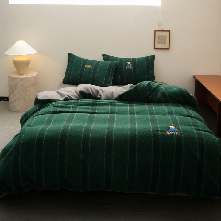 Reversible Plush Fleece Striped Duvet Cover Set with Embroidered Teddy Pillow Shams