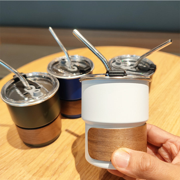 Damen stilvolle Edelstahl-Trinkbecher mit Holz-Applikation Karnz