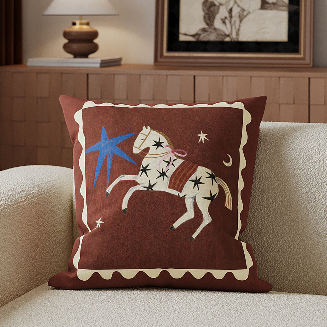 Decorative Cotton-Linen Horse-Illustration Square Throw Pillow Cover with Hidden Zipper