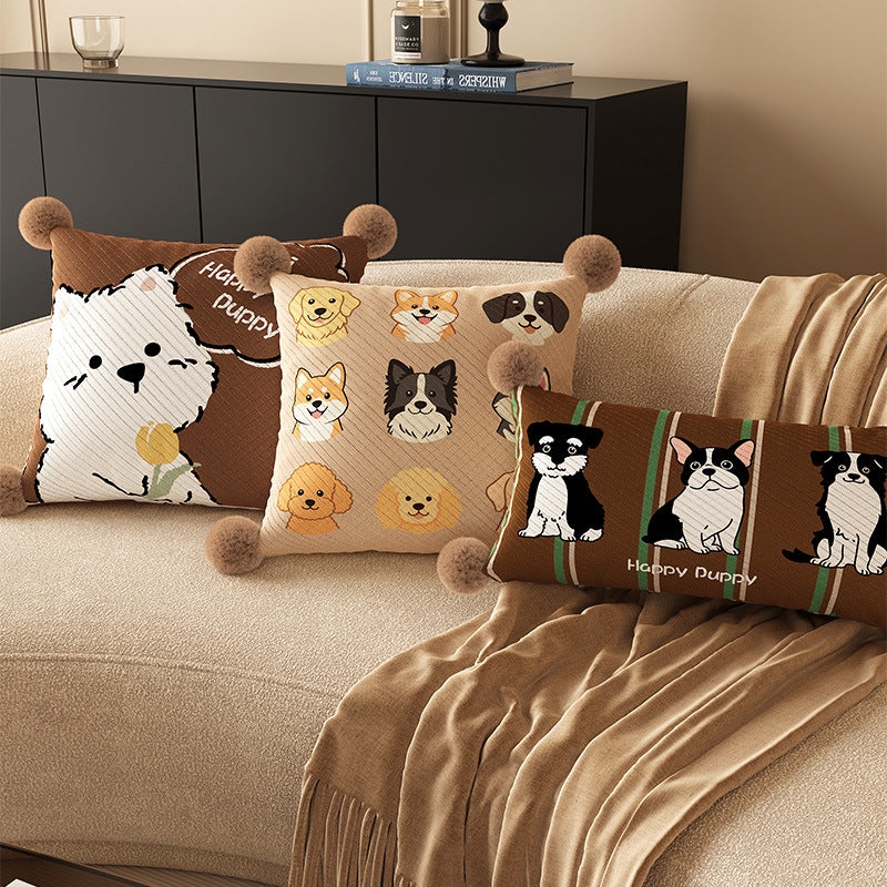 Square Pom-Pom Knit Decorative Throw Pillow Cover with Cartoon Bear Panel and Textured Weave