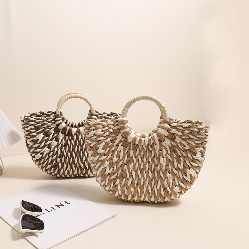 Damen Trendige Bast-Handtasche mit rundem Griff Karnz