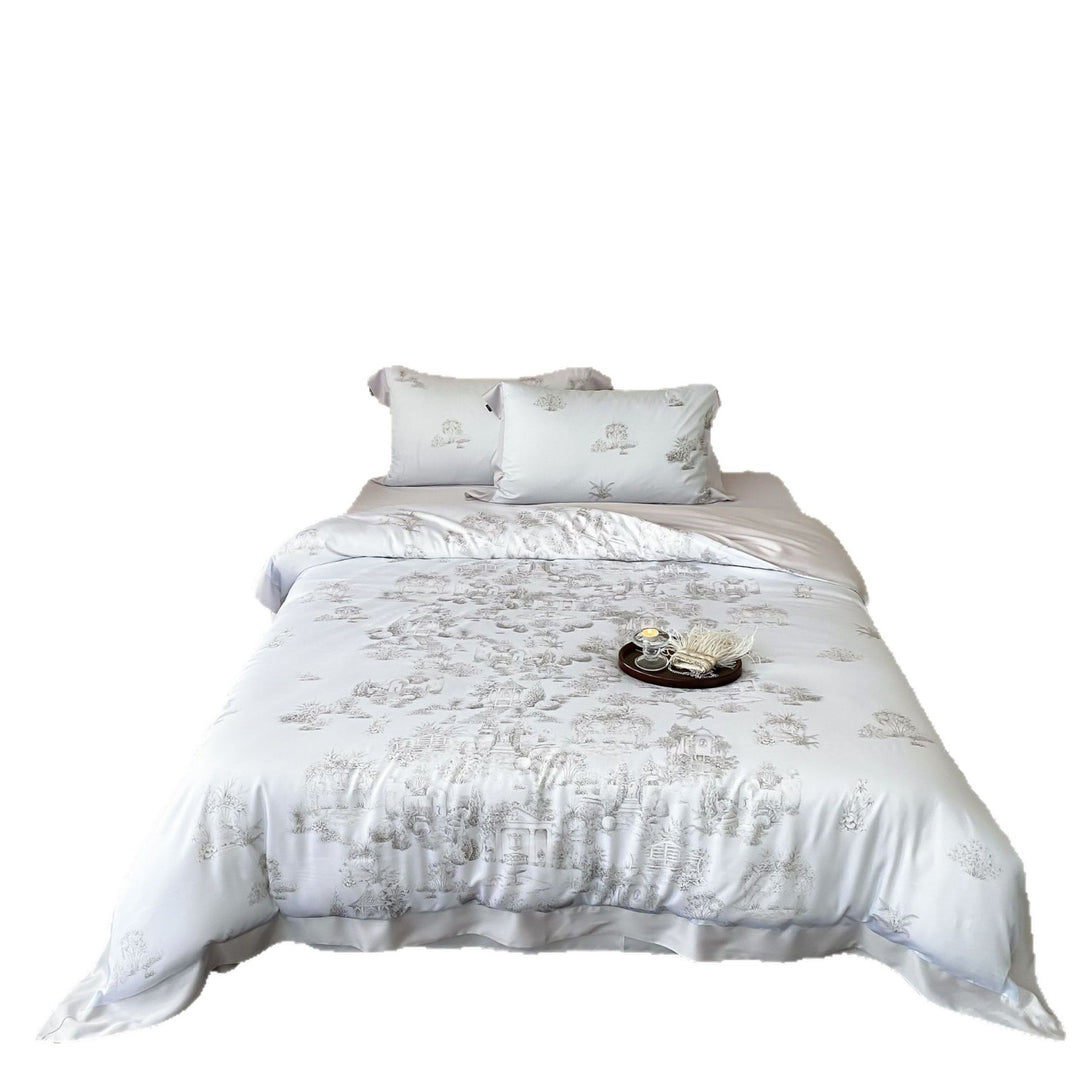 Luxuriöse Baumwollsatin-Bettwäschegarnitur mit Toile-Motiv und feiner Satinbiese