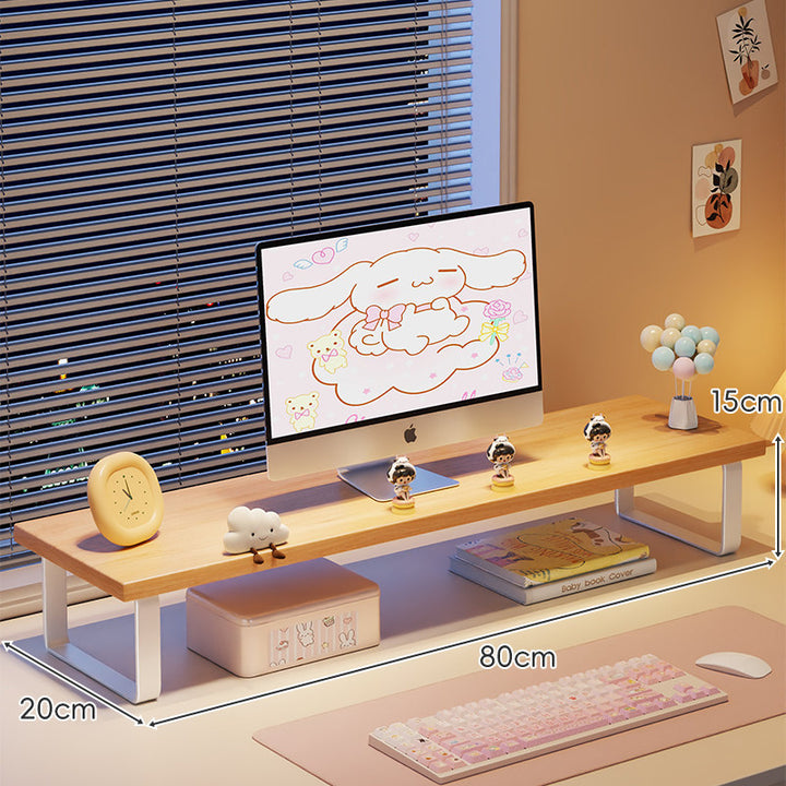 Kompakte Holz-Desktop-Monitorerhöhung mit Metallbeinen und unterer Ablagefläche