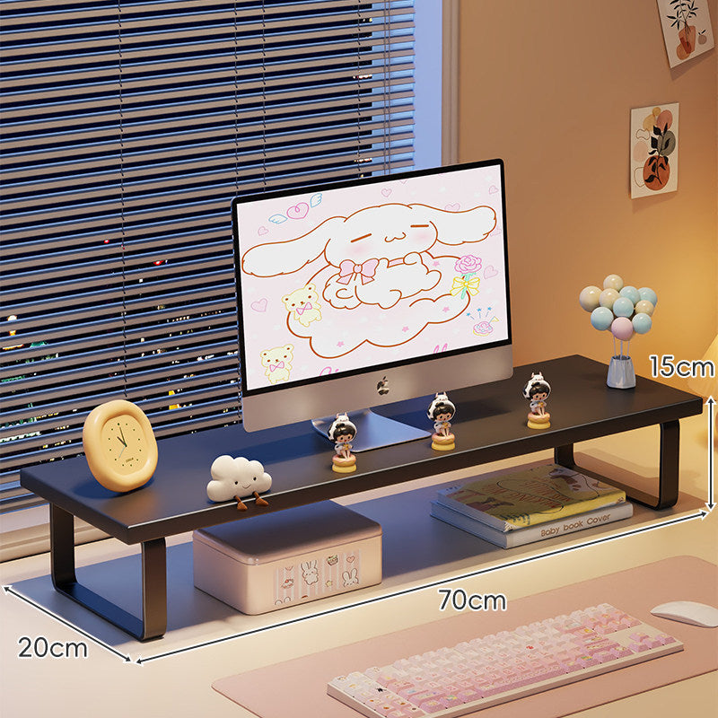 Kompakte Holz-Desktop-Monitorerhöhung mit Metallbeinen und unterer Ablagefläche