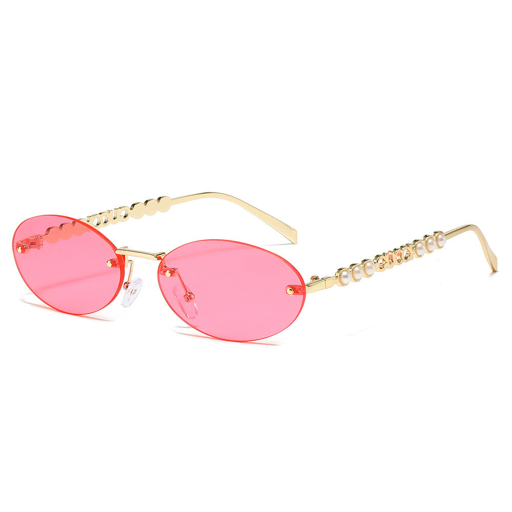 Damen modische Sonnenbrille mit ovalem Rahmen und perlenverzierten Bügeln Karnz