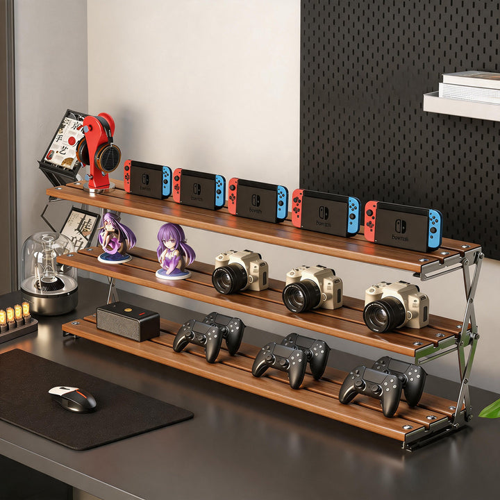 Dreistufiger faltbarer Schreibtischdisplay- und Controller-Organizer mit Metallrahmen