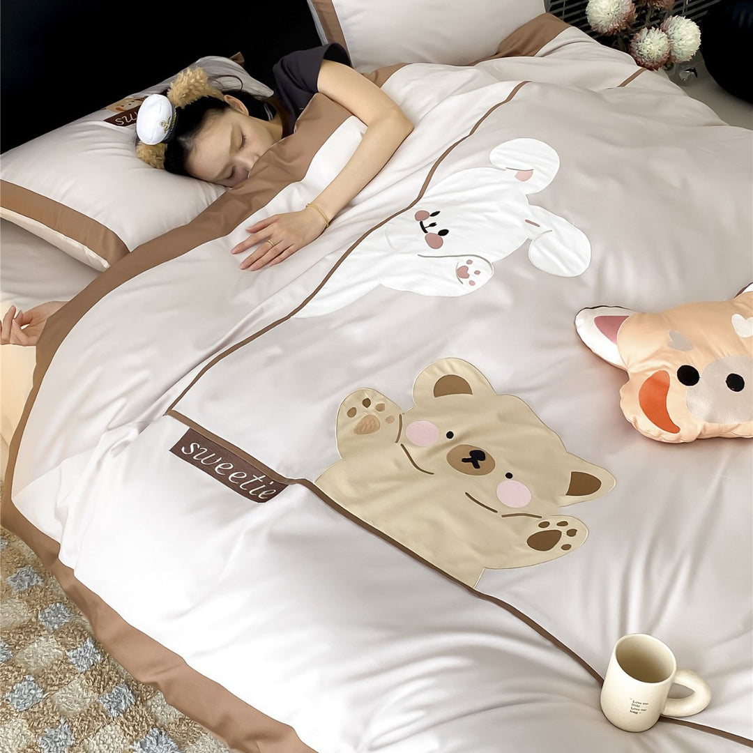 Satin Baumwoll Bettbezug Set mit süßem Tierapplikation
