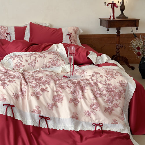 Romantisches Baumwoll-Bettwäsche-Set mit floraler Stickerei, Spitzenbordüre und Zierschleifen