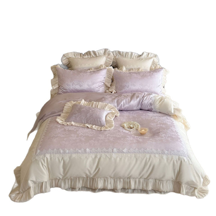 Luxuriöses Satin-Bettwäsche-Set mit Rüschen, Jacquard-Motiv und Spitzenbordüre