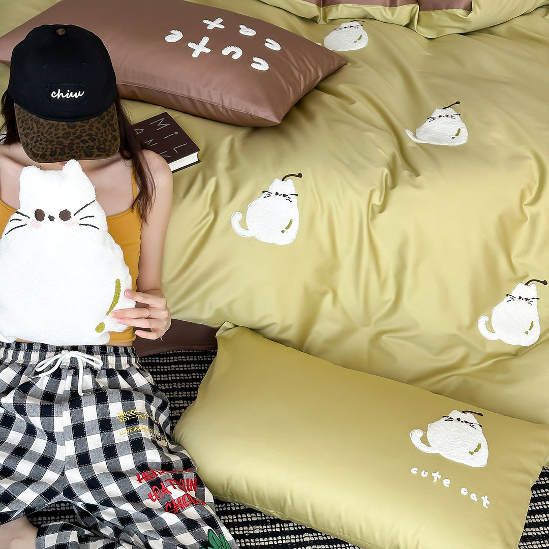 Wendbares Bettwäsche-Set aus Baumwollsatin mit gestickten Katzen-Applikationen und seidenweichem Finish