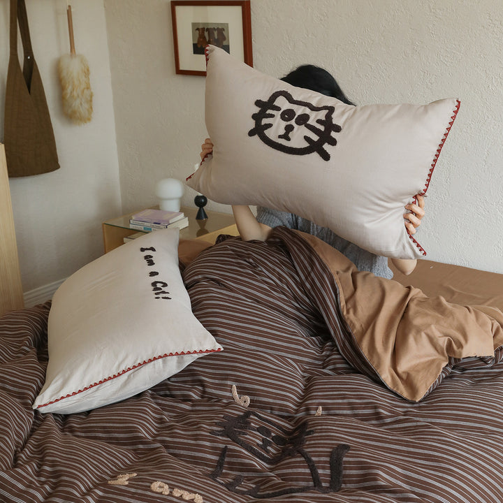 Striped Reversible Cotton Sateen Duvet Cover Set with Paw-Print Accent & Pillow Shams