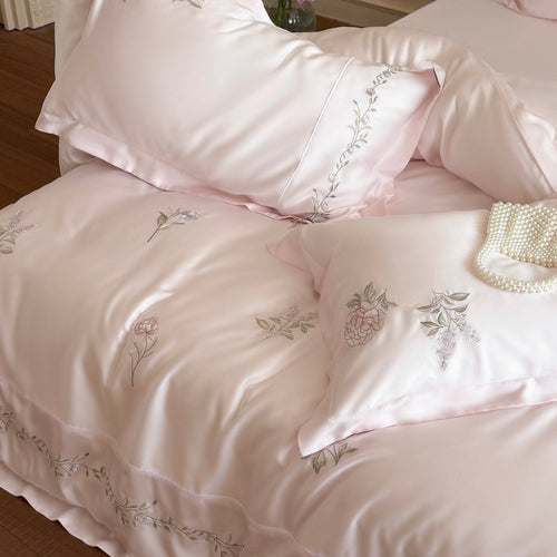 Seiden-ähnliches floral gesticktes Satin Bettbezug Ensemble mit dekorativem Flansch und Rückenkissen