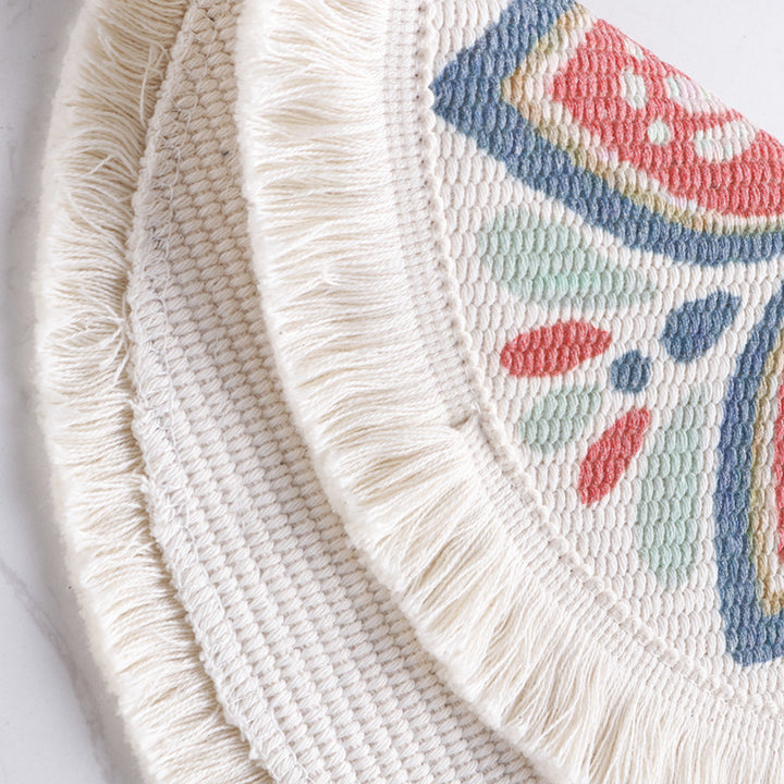 Runder flachgewebter Baumwoll-Teppich mit Mandala-Motiv und dekorativen Fransen Karnz