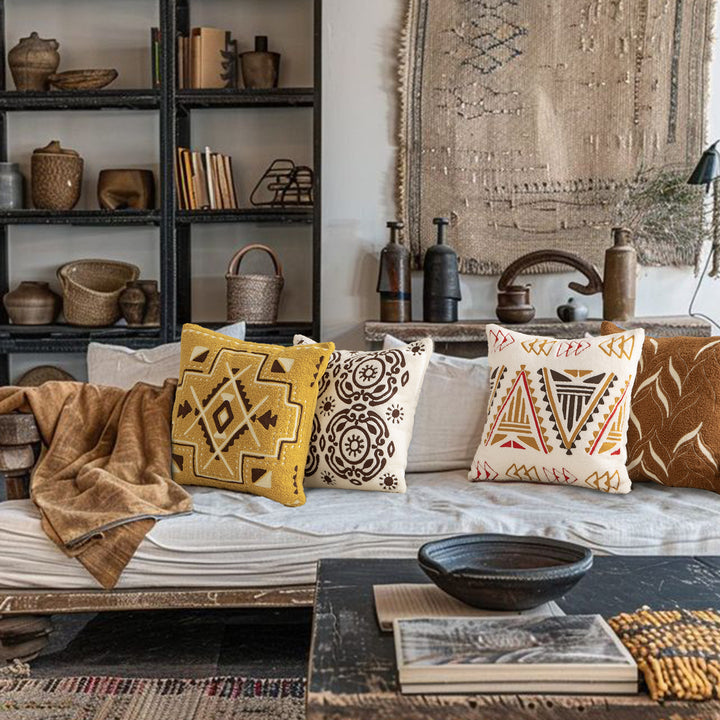 Bouclé-Kissen mit handgesticktem Ethno-Design und abnehmbarem Bezug Karnz