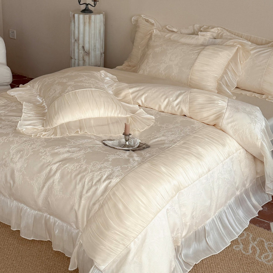 Luxuriöses Jacquard-Satin Bettwäsche-Set mit gepolstertem Chiffon-Rüschensaum & Oxford-Kissenbezügen