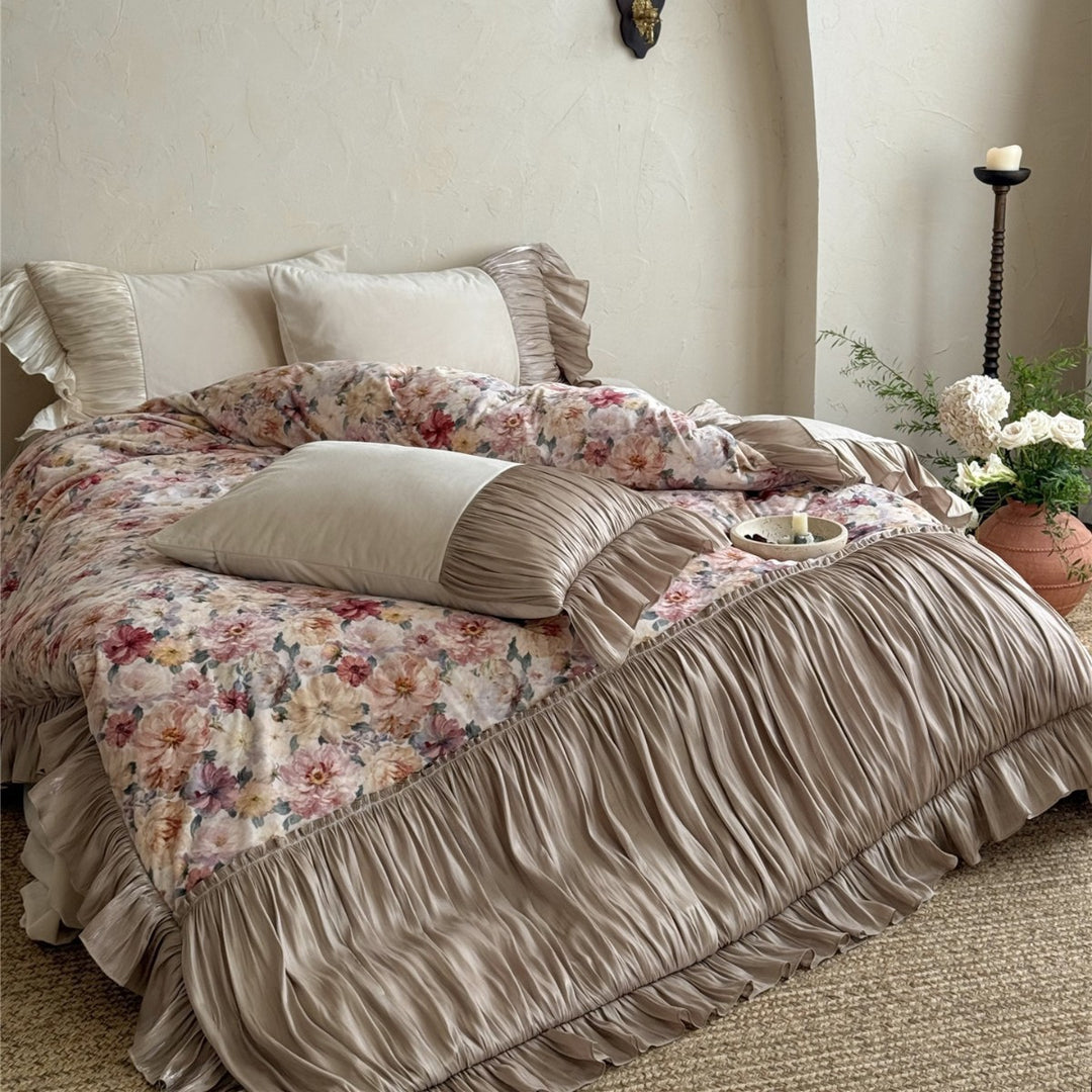 Vintage Botanische Steppdecke Set mit Falten Satin Rüsche & Euro Kissenbezüge