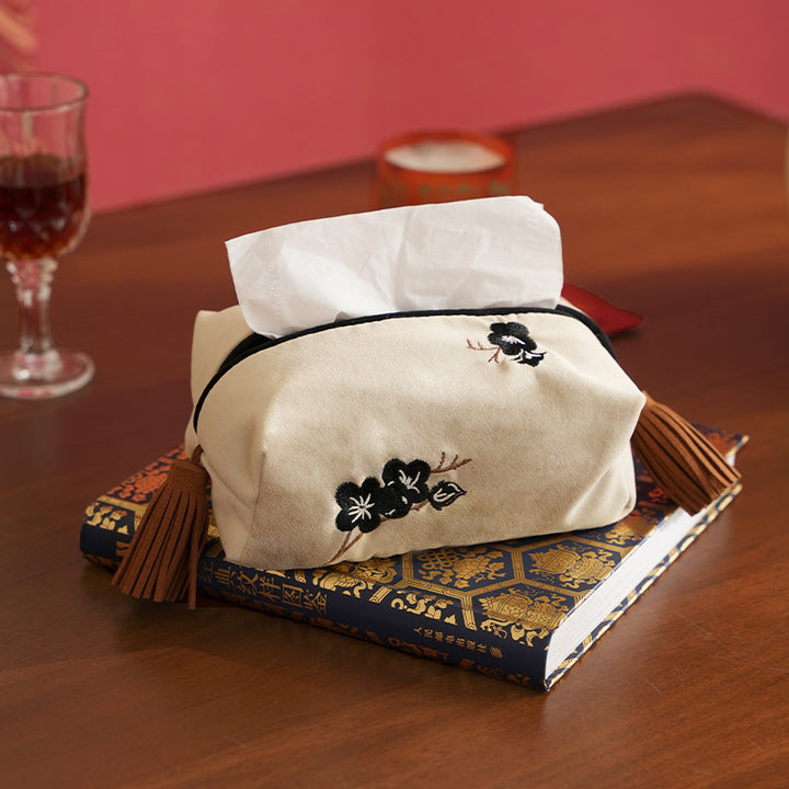 Elegante Samt-Taschentuchbox-Hülle mit Blumenstickerei und Quasten