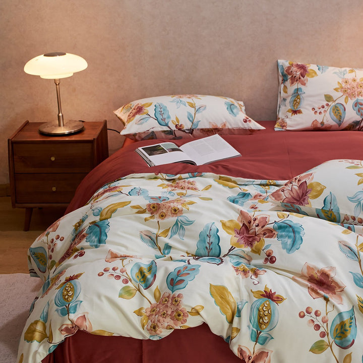 Botanisches Baumwoll-Satin Bettbezug-Set mit umkehrbarem Bezug