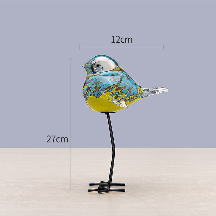 Handgefertigte dekorative Glasskulptur eines Vogels auf Metallbeinen Karnz