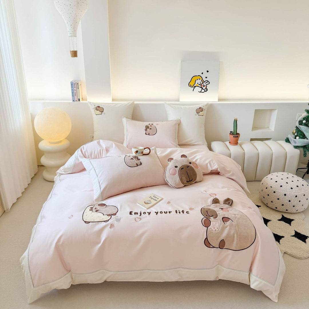 Kawaii-Bettwäsche-Garnitur mit applizierten Plüschbären und atmungsaktivem Baumwollsatin