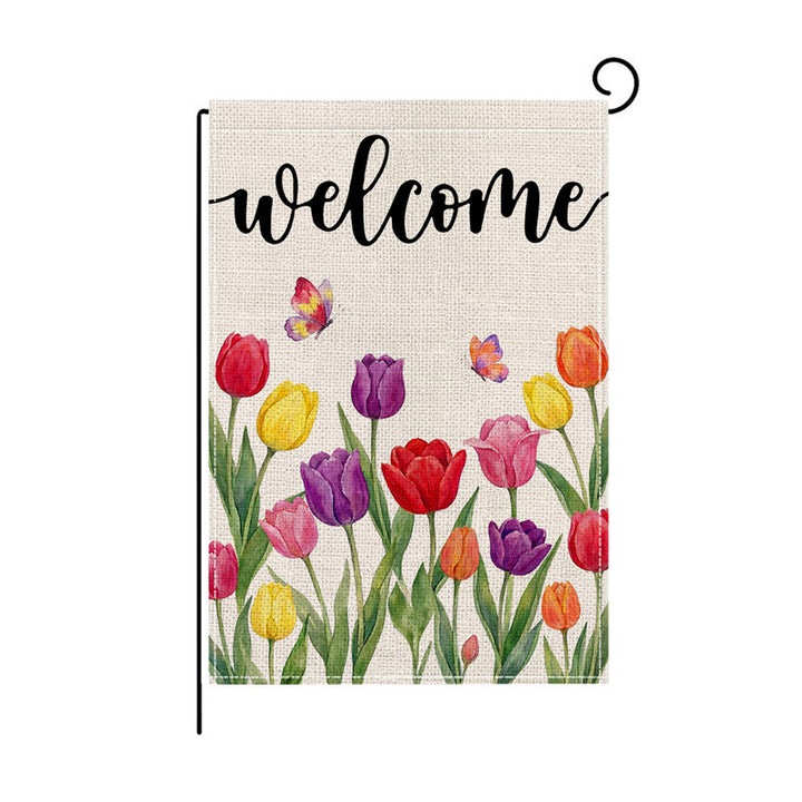 Dekorative Jute-Textur Willkommen Gartenflagge mit Blumenkorb-Illustration