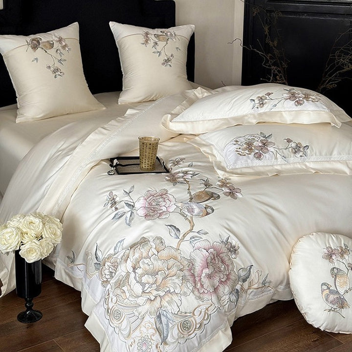 Bestickte florale & Liedvogel Luxus Baumwolle Bettbezug Set mit dekorativem runden Kissen