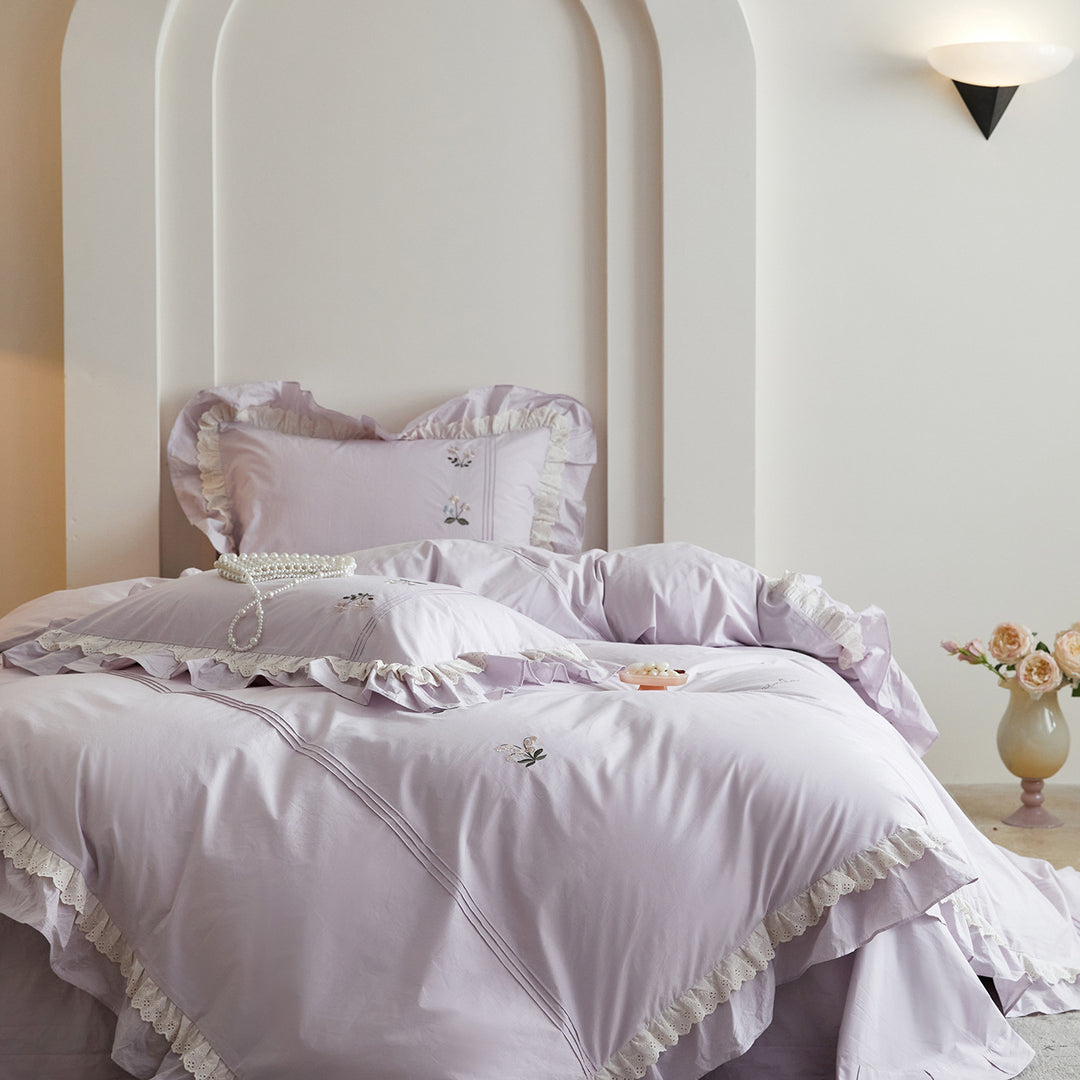 Ruffled Embroidered Cotton Duvet Cover Set with Lace Trim
