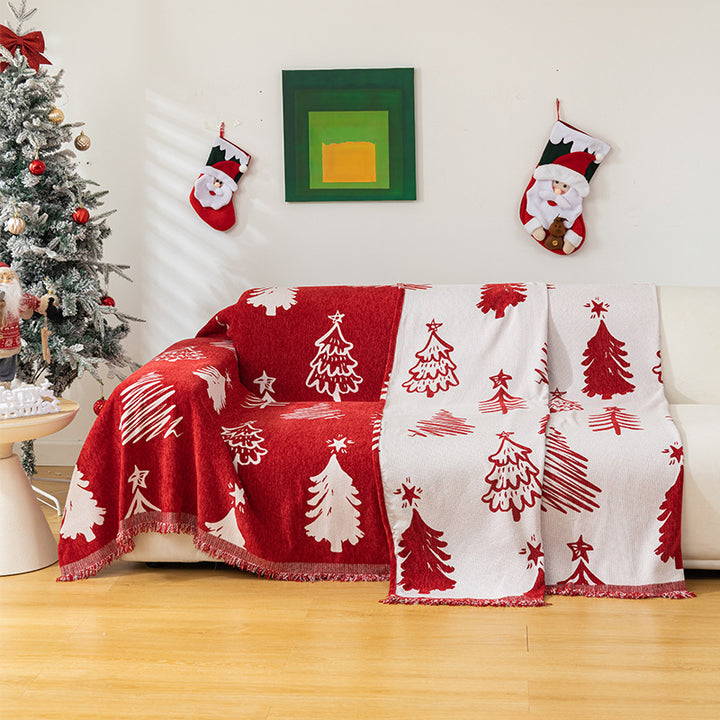 Weihnachtssofa-Wurfbezug mit plüschigem Fransen und umkehrbarem Feiertagsmuster