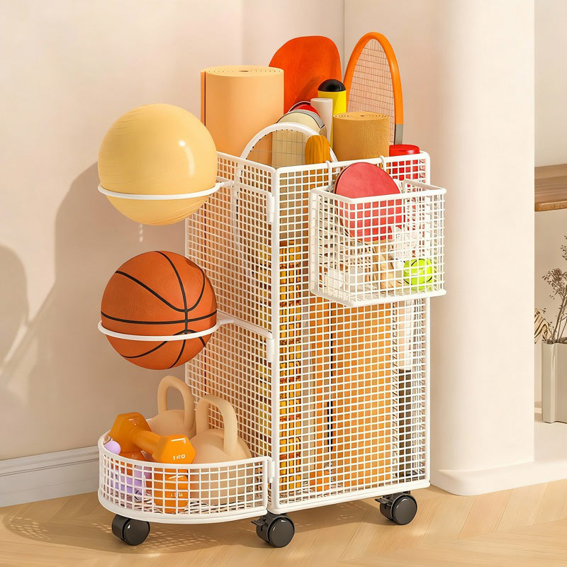 Vertikaler Rollwagen für Sportgeräte mit doppelten Ballregalen und Netzaufbewahrungsboxen