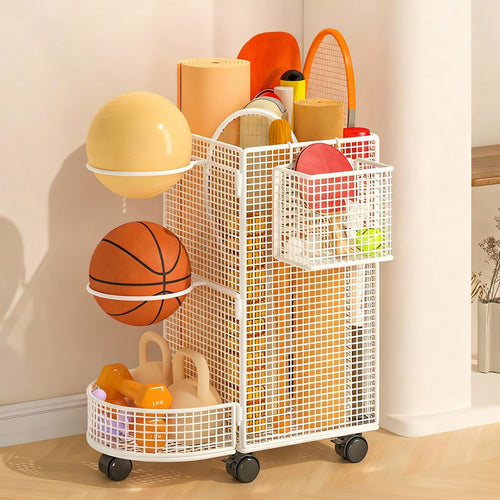 Vertikaler Rollwagen für Sportgeräte mit doppelten Ballregalen und Netzaufbewahrungsboxen
