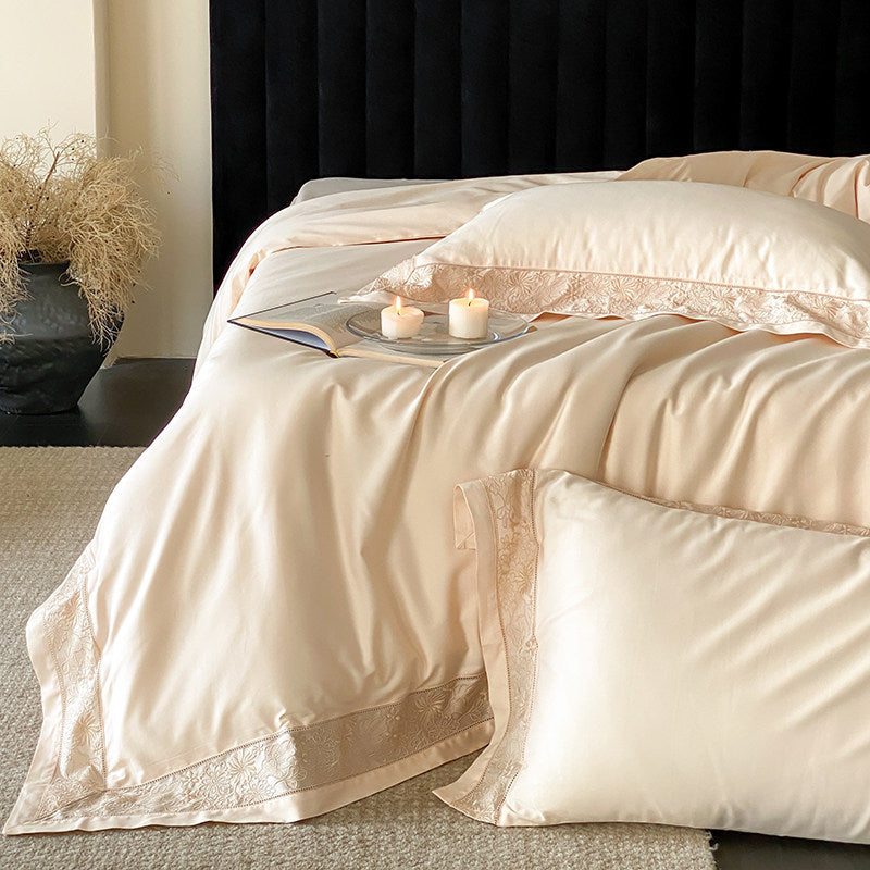 Luxus Baumwoll-Satin Bettbezug Set mit Spitzenbesatz Säumer & Dekokissenbezüge