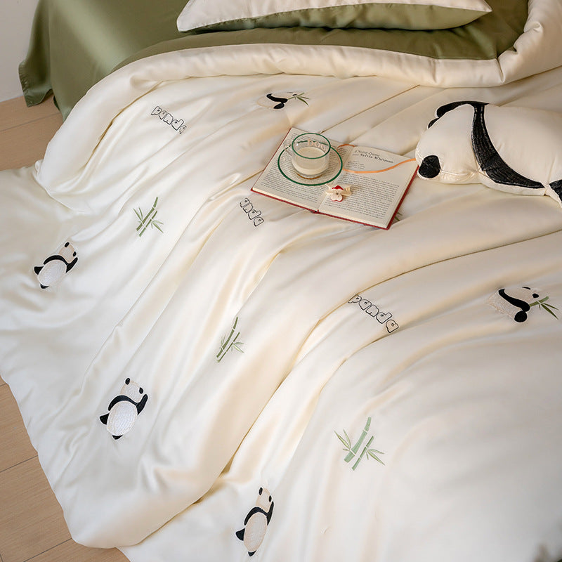Bettwäschegarnitur mit gestickten Heißluftballon-Motiven und seidigem Satin-Finish