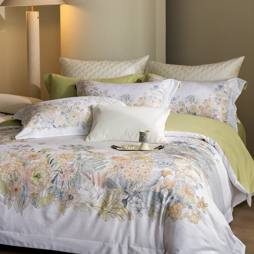 Florales Baumwollsatin-Bettbezug-Set mit zartem Aquarellblumenprint und luxuriösem Softfinish