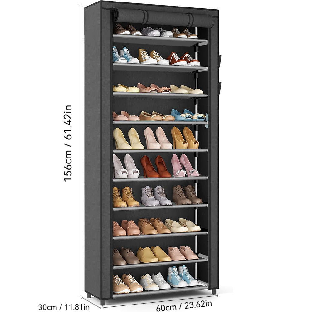 hoher vertikaler Schuhschrank mit aufrollbarem Schutzdeckel und klaren Regalplatten Karnz