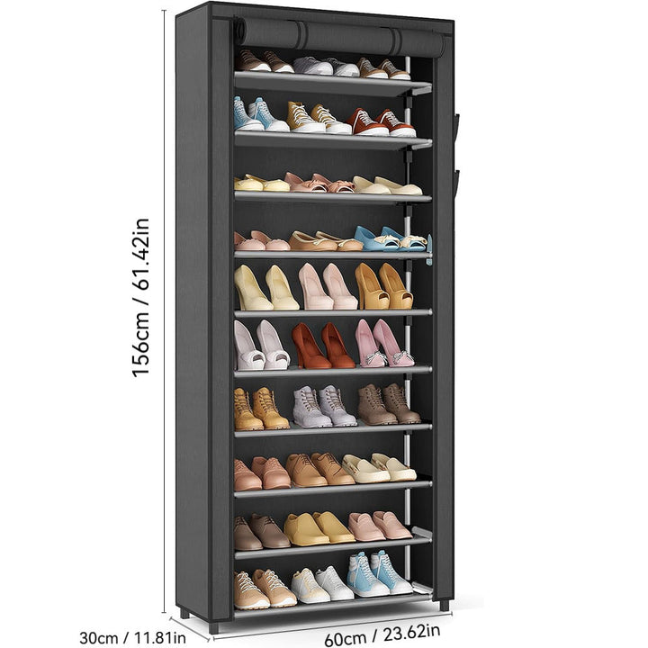 hoher vertikaler Schuhschrank mit aufrollbarem Schutzdeckel und klaren Regalplatten Karnz