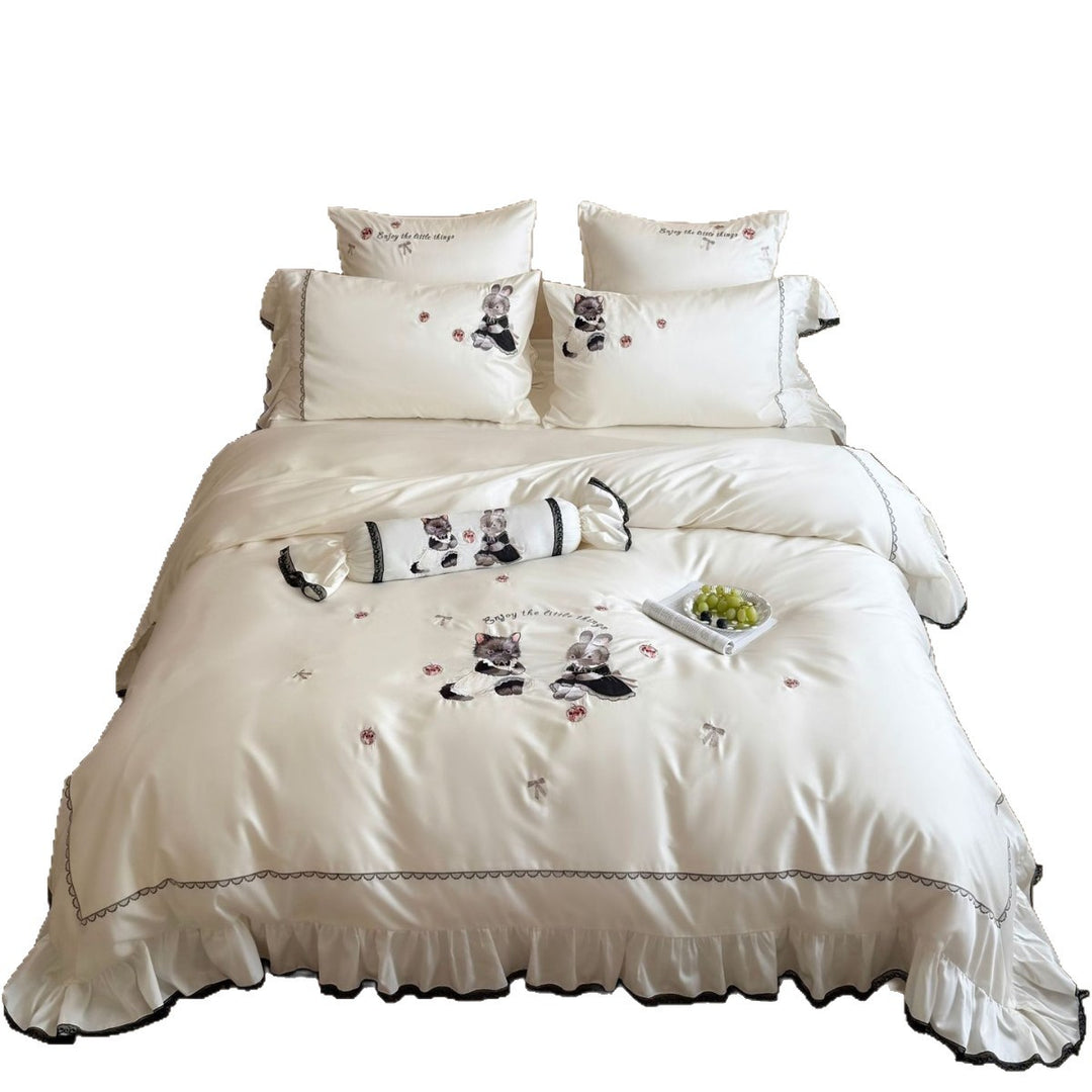 Besticktes Satin-Bettwäscheset mit Volant, Rüschensaum und Tiermotiv