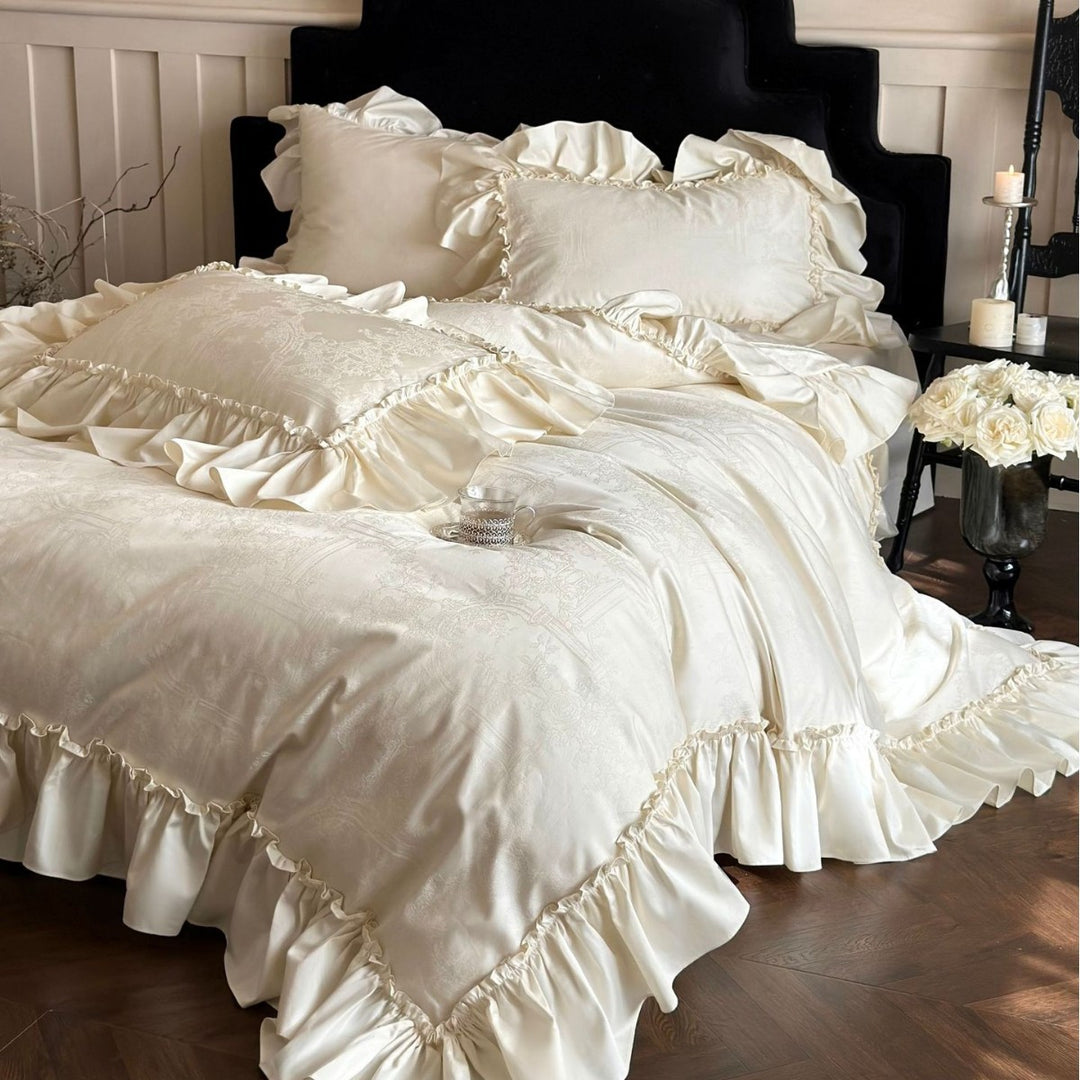 Rüsch Satin Jacquard Bettbezug Set mit gerafftem Rand und Kissenbezügen