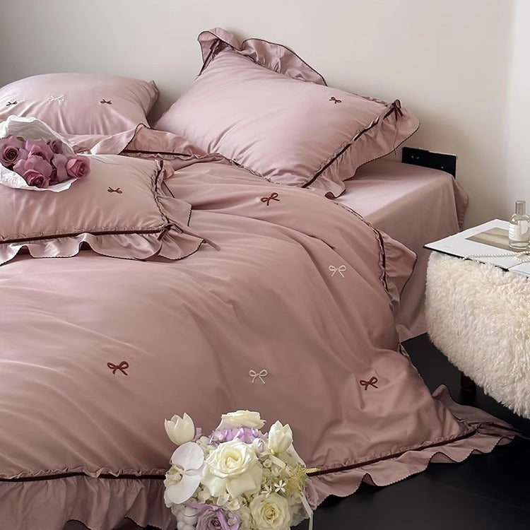 Rüsch Satin-Feel Besticktes Schleifen Bettbezug Set mit Oxford Kissenbezügen
