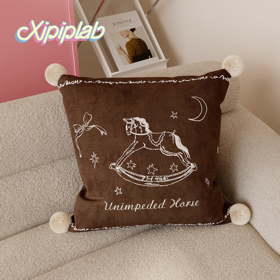 Velvet Pom-Pom Corner Decorative Throw Pillow Cover with Hand-Drawn Rocking Horse Motif