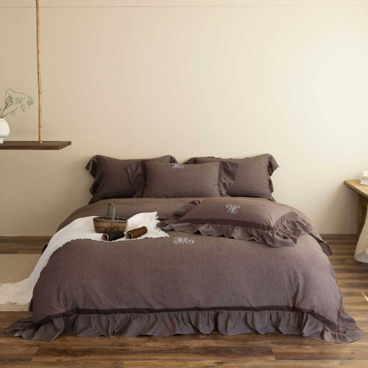 Ruffled Linen Duvet Cover Set with Embroidered Monogram
