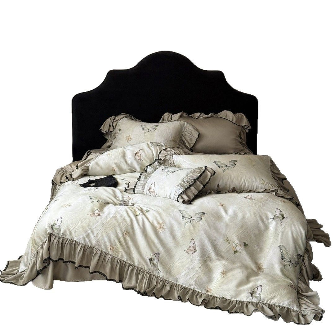 Luxuriöser Rüschenschmetterlings-bestickter Satin-Bettbezug Set