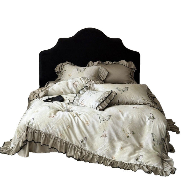 Luxuriöser Rüschenschmetterlings-bestickter Satin-Bettbezug Set