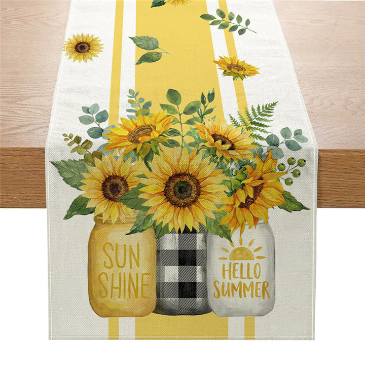 Baumwoll-Leinen Bauernhaus Tischläufer mit Sonnenblume & Bienen Aquarelldruck und gepunktetem Holzmaserung Rand