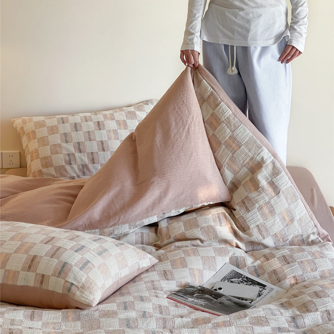 Bettbezug-Set aus Baumwoll-Perkal mit gewebtem Schachbrett-Effekt und Wende-Design