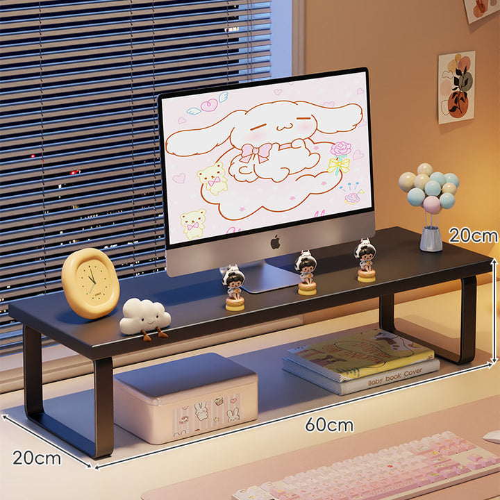 Kompakte Holz-Desktop-Monitorerhöhung mit Metallbeinen und unterer Ablagefläche