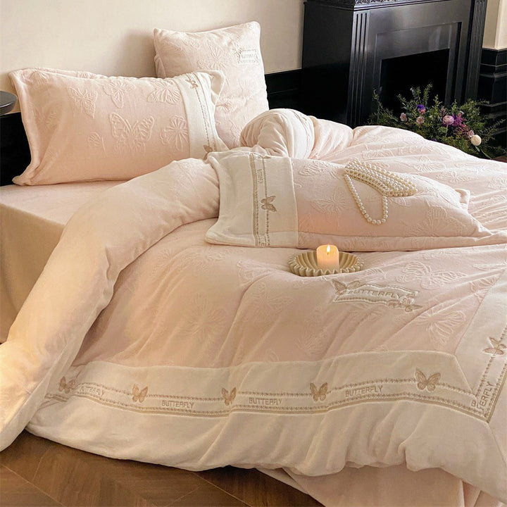 Bestickte Schmetterling Baumwoll-Leinen Bettwäsche Set mit Paspelrand und Kissenbezügen
