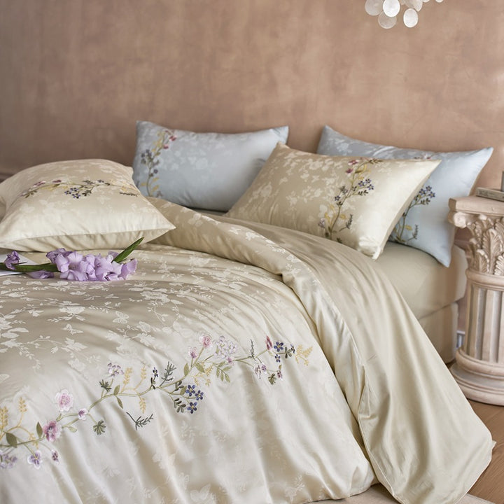 Botanisches Jacquard-Baumwollsatin Bettbezug-Set mit zarten Zweigstickereien und Umschlagkissenbezügen